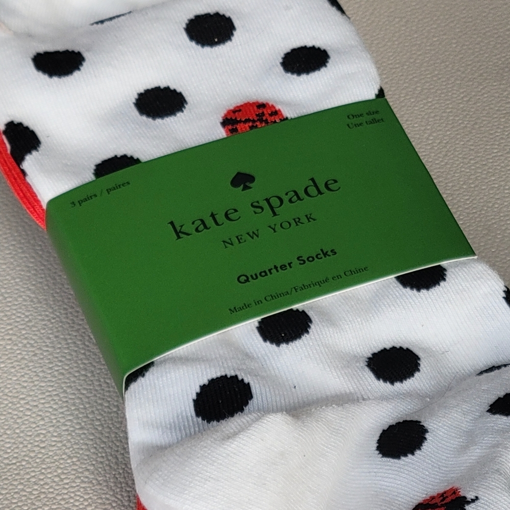 Kate Spade Ladybug White Crew Socks, Solid Red & Black 3 pair - Picture 2 of 10